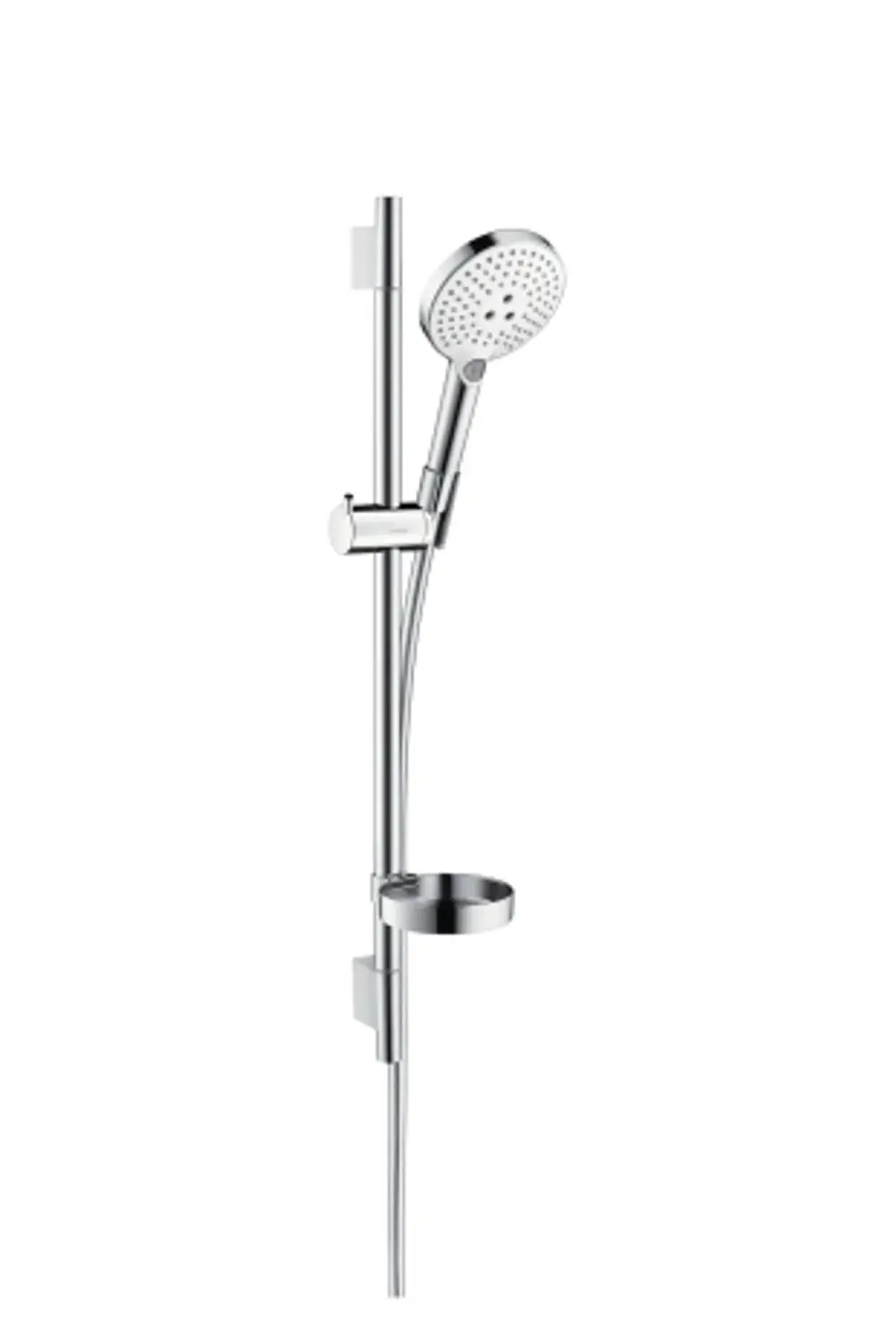 Hansgrohe Brauseset mit verstellbarer Halterung und Seifenschale. Der Duschkopf hat mehrere Strahlarten und ist an einer chromfarbenen Stange montiert.